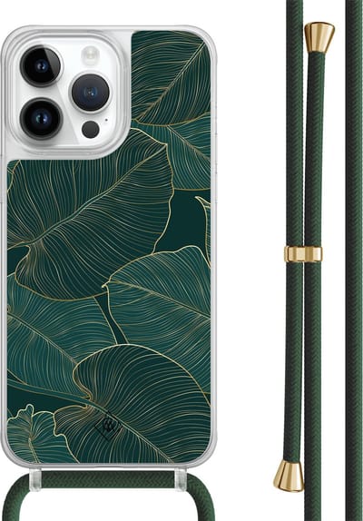 Casimoda® hoesje met groen koord - Geschikt voor iPhone 13 Pro Max - Monstera Leaves - Afneembaar koord - TPU/polycarbonaat - Zwart