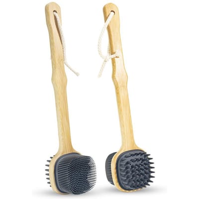 Brosse de douche à poils naturels avec long manche en bois amovible, exfoliante pour la peau sèche, outil de nettoyage et de massage corporel 1pc gris