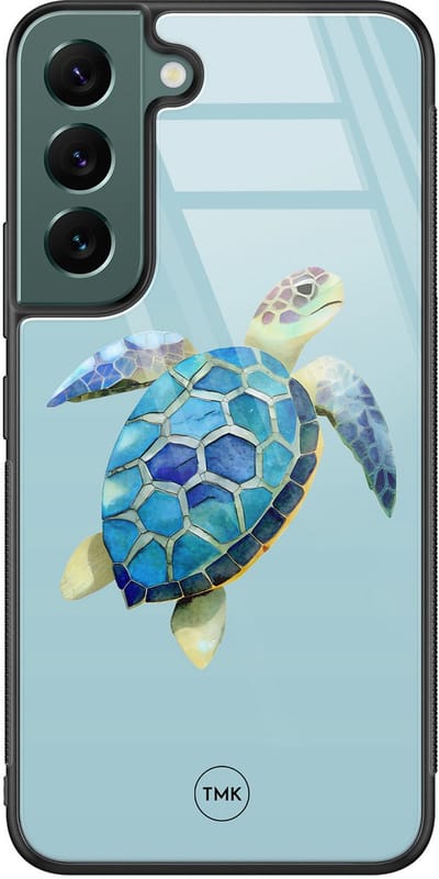 Hoesje geschikt voor Samsung Galaxy S22 - Schildpad - Blauw - TPU luxe case (glossy toplaag) - Print - Hardcase backcover zwart