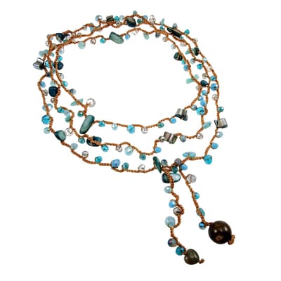 Multifunctionele Boho Ketting met Aagaat Hart en Turquoise Kristallen, Gehaakte Ketting Dames 220 cm - Handgemaakt esde2