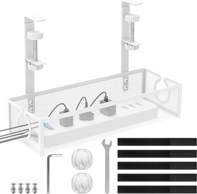 Onderbureau Kabelbeheer - Kabelorganizer voor Tafelonderzijde zonder Boren - Wit Kabelsysteem voor Netwerk- en Voedingskabels
