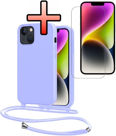 Hoes Geschikt voor iPhone 13 Mini Met Telefoonkoord Met Screenprotector - Siliconen Hoesje Backcover Met Ketting - Lila