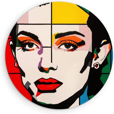 Saammp Muurcirkel Hout - Vrouw in mondriaan stijl - abstract - Ø 90 - Wandcirkel - Wanddecoratie Cirkel - Muurdecoratie Woonkamer - Slaapkamer decoratie - Rond Schilderij