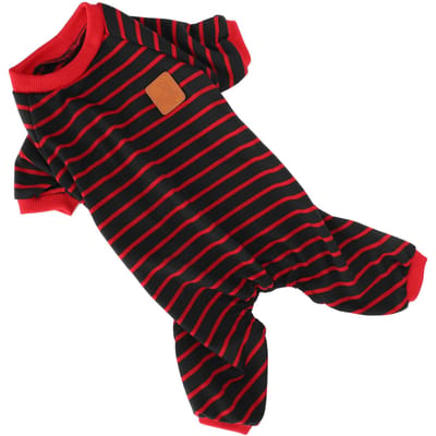 Pyjama pour animaux de compagnie Vêtements doux en tricot Combinaison confortable 4 pieds Rayures pour chiens Chiots Chats Rouge Rayures L L black