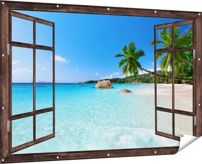 Gards Tuinposter Doorkijk Tropisch Strand en Zee - 180x120 cm - Tuindoek - Tuindecoratie - Wanddecoratie buiten - Tuinschilderij
