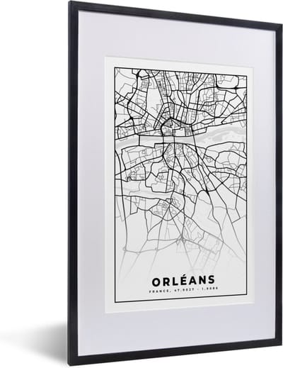 Fotolijst incl. Poster Zwart Wit- Frankrijk - Kaart - Orléans - Plattegrond - Stadskaart - Zwart wit - 40x60 cm - Posterlijst