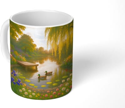 Mok - Koffiemok - Eenden - Vijver - Bloemen - Mokken - 350 ML - Beker - Koffiemokken - Theemok