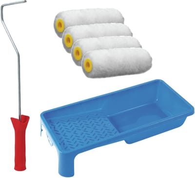 Sorex pluisvrije verfrollers schilderen set - met beugel en verfbak - 4x vacht rollers - breedte 10 cm - dikte 4 cm