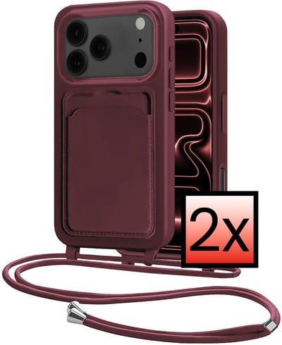 Hoes Geschikt voor iPhone 17 Pro Hoesje Pasjeshouder Cover Met Koord Case Siliconen Hoes Met Telefoonkoord en Kaarthouder - Aubergine - 2 PACK