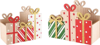 Dekoratief | Set 2 bakjes cadeautjes, rood/groen, hout, 24x12x20cm | A245350
