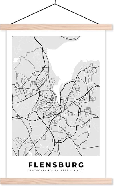 Posterhanger incl. Poster 40x60 cm - Schoolplaat - Plattegrond - Flensburg - Kaart - Stadskaart - Duitsland - Textielposter - Blanke latten - Stadskaart