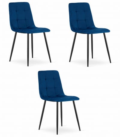 Set van 3 Eetkamerstoelen KARA Donkerblauw – Velvet Bekleding, Zwarte Metalen Poten, Modern, Ergonomisch Design, Max. 120 kg