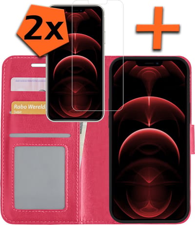 Hoes - Met 2x Screenprotector - Geschikt voor Apple iPhone 13 - Luxe Pasjeshouder - Bookcase Portemonee - Flip Case - Kunstleer Book Case - Flipcase Hoes - Book Cover - Walletcase - PortemonneeHoes - Donkerroze