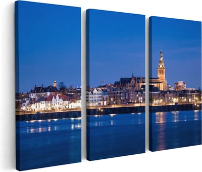 Artaza Canvas Schilderij Drieluik Nijmegen Skyline met de Waal Rivier - 180x120 cm - Groot - Wanddecoratie Woonkamer - Schilderijen - Muurdecoratie