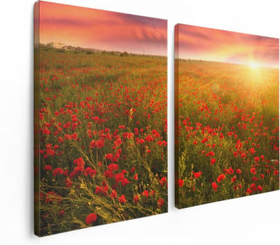 Artaza Canvas Schilderij Tweeluik Rode Klaproos Bloemenveld - Zonsondergang - 120x80 - Foto Op Canvas - Canvas Print