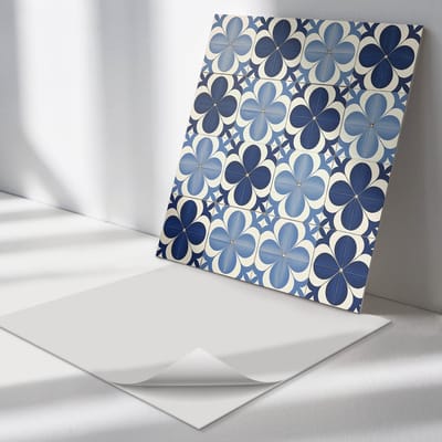 Wallfluent Vinyl Tegels - Geometrisch Bloemenpatroon Wand PVC Tegels - 30 cm x 30 cm - Blauw Vinyl Tegels - Verpakking van 9 stuks - Vierkant PVC Tegels - Texturen Plaktegels - Vinyl Vloer Tegels - Plaktegels Keuken en Badkamer