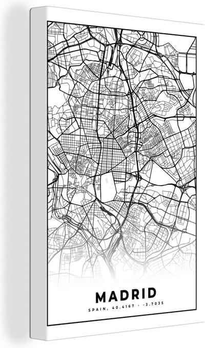 Canvas Schilderij Madrid - Zwart Wit - Stadskaart - Plattegrond - Kaart - 20x30 cm - Wanddecoratie