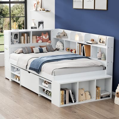 DESMIU Kinderbed 90x200 cm – Multifunctioneel Bed Met Opbergruimte En Lades – Met Lattenbodem – Voor Kinderkamer – Multiplex – Wit – Zonder Matras