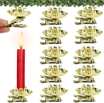 Set van 10 Mini Kaarsenhouders voor Kerstboom - Vintage Gouden Clip Kaarsenhouder voor Bruiloft, Feestdecoratie en Kerstversiering