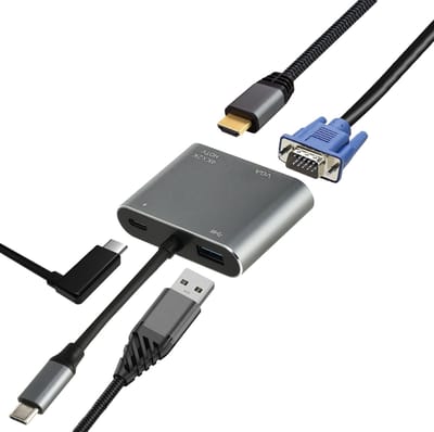 USB-C naar HDMI en VGA Adapter – 4-in-1 Verloopstuk met USB 3.0 en USB-C Oplaadpoort – 4K Beeld – Voor Laptop, Tablet en Apple MacBook
