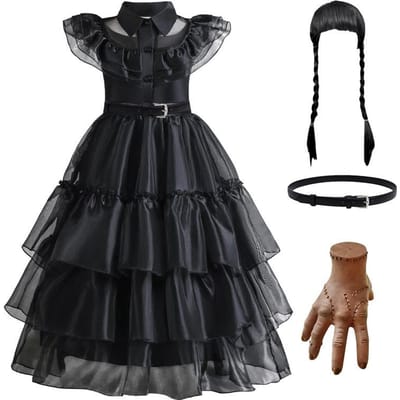 Robes Cosplay Mercredi Addams Nouvelles Robes Maillées pour Filles Déguisement Vestidos Enfants Carnaval Pâques Halloween Fête 4-12 Ans 11-12T(Size 160) black