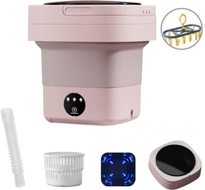 Faltbar & Energiesparend – Mini Waschmaschine 8L – Mit Trockenständer & Schleuderkorb – Für Zuhause & Camping – Hellrosa