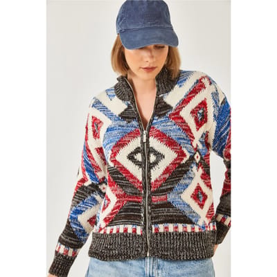 Geometrisch Patroon Ritskraag Cardigan