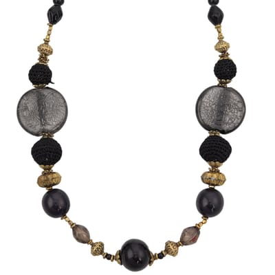 Behave – Ketting – Zwart Goudkleurig – Glazen Kralen – Gehaakte Stof – Statement Sieraad