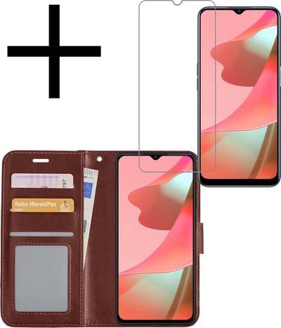 Hoesje - Met Screenprotector - Geschikt voor OPPO A16s - Luxe Pasjeshouder - Bookcase Portemonee - Flip Case - Kunstleer Book Case - Flipcase - Book Cover - Walletcase - Portemonneehoes - Bruin