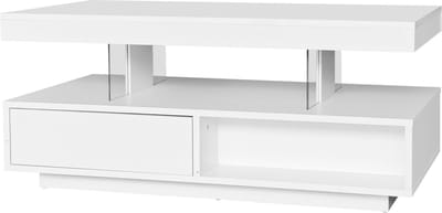Wishdor Salontafel Hoogglans – wit met 4 glaselementen, 2 push-open lades, 2 open vakken en slimme LED-bediening