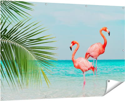 Gards Tuinposter Twee Flamingo's in het Water - 150x100 cm - Tuindoek - Tuindecoratie - Wanddecoratie buiten - Tuinschilderij