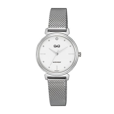 Q&Q Q27B-001PY - Horloge - Vrouwen - Dames - Mesh/Milanese band - Rond - Metaal - Streepjes - Zilverkleurig - Wit