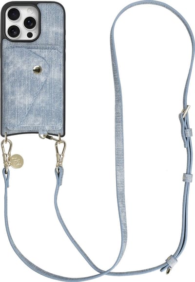 AVY Hoesje geschikt voor Apple iPhone 16 Pro | Met Koord en Kaarthouder | Compatibel met MagSafe | Kunstleren Case met Crossbody Koord & Wallet | Long Denim | Denim