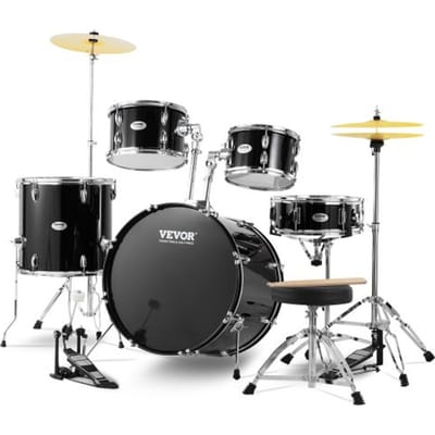 VEVOR Drumstel, 5-delig, complete drumset met bastoms, snaredrum, floortom, verstelbare drumkruk, bekkens, hi-hatpedaal en drumstokken, beginnersdrumset voor volwassenen, zwart