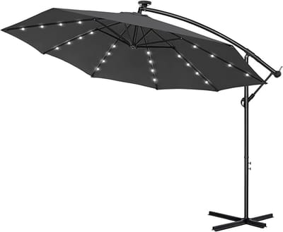 300 cm Aluminium Parasol Met LED & Kruk - UV-Bescherming - Tuinparasol - 360° Draaibaar - Marktpolsol - Waterafstotend - Zweefparasol Met Voet - Windbescherming - Krukparasol Voor Tuin, Terras, Strand (Donkergrijs) NAIZY