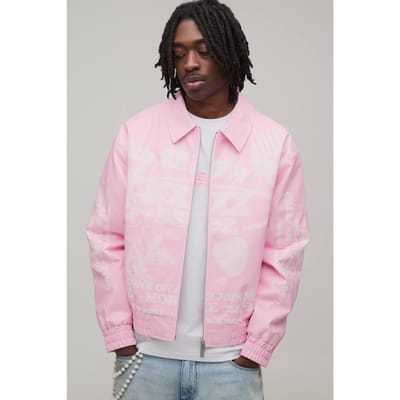Boxy Fit Pu Bedrukte Grafische Varsity Jas | Pink | Size XS