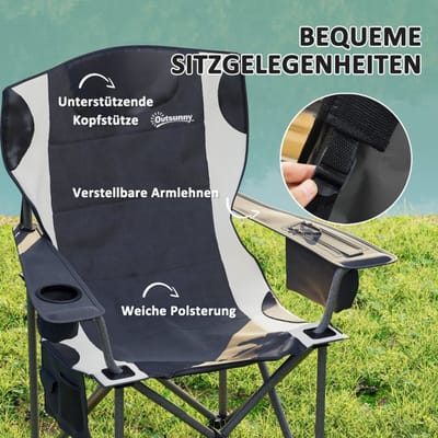 Campingstoel - Set Van 2 Vouwstoelen Met Armleuningen, Hoofdsteun, Bekerhouder En Koeltas - Voor Camping En Tuin - Metaal Zwart