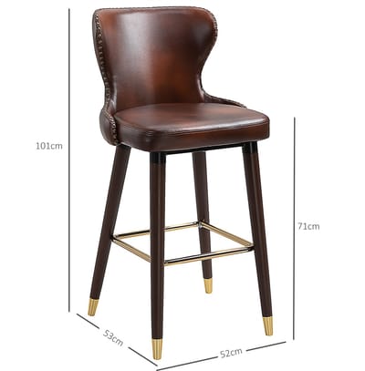 Een set - twee industriële hoge barstoelen - met rugleuning en voetstuk - synthetische lederzit - houten stijlen - retro-stijl - geschikt voor keuken en eetkamer - afmetingen: 52x53x101 cm