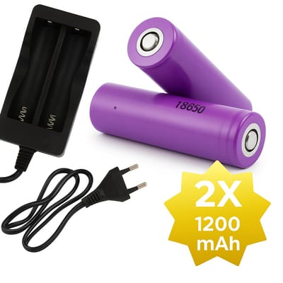 2x 1200mAh 18650 3,7V Li-Ion - 18 x 65 mm Cilindrisch - Oplaadbare CR18650 Batterijen met Netstroom Oplader - Universele Lithium-Ion Batterijen met 230V Lader