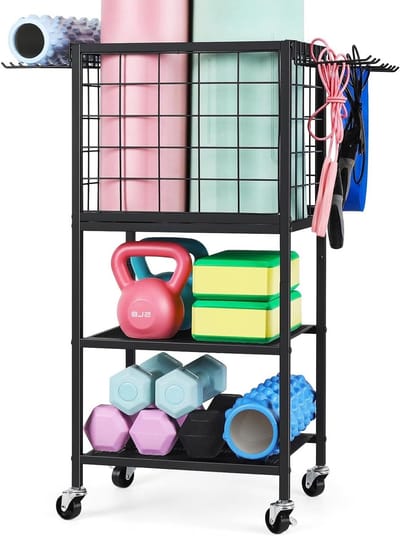 Gewichtsrek met Haken - Opbergrek Fitnessapparatuur - Thuis Gym Organisatie - Verplaatsbaar en Afsluitbaar - 68x30x86 cm - Zwart