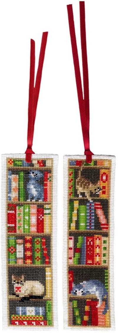 Vervaco - Bladwijzer kit - Katten in boekenrek set van 2 - PN-0187764 - Borduren - Borduurpakket - Borduurpakket volwassenen - Borduurpakket kind
