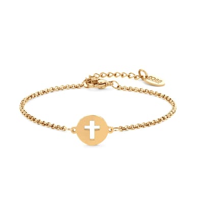 CO88 Collection 8CB-91255 Stalen Jasseron Armbandje met Kruis Hangertje - 12mm Doorsnee - Jasseron - 2mm - 16+3cm - Staal - Goudkleurig