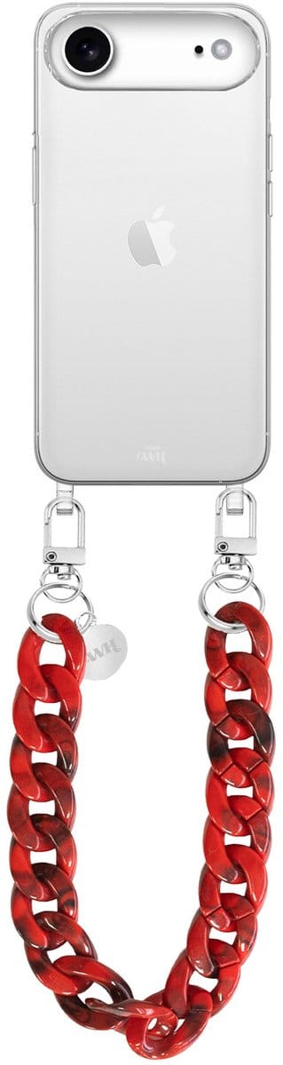 xoxo Wildhearts siliconen hoesje - Geschikt voor iPhone 17 Air - Red Roses - Kort Koord - Telefoonhoesje - Hoesje met koord - telefoonkoord - Transparant hoesje - Kort rood koord