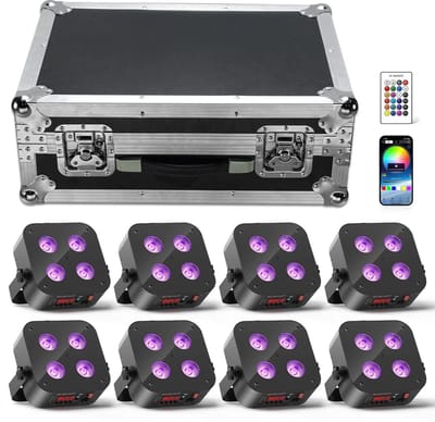 Mini LED PAR Lampen Set – Draadloze LED Stage Verlichting – Oplaadbare DJ Lampen – RGBWA UV Licht – 8 Stuks Met Flightcase – 10 Uur Batterijduur – Compact En Robuust Design