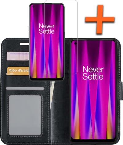 Hoes - Met Screenprotector - Geschikt voor OnePlus Nord CE 2 - Luxe Pasjeshouder - Bookcase Portemonee - Flip Case - Kunstleer Book Case - Flipcase - Book Cover - Walletcase - PortemonneeHoes - Zwart
