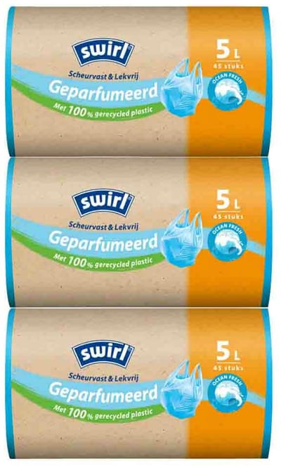 Swirl Pedaalemmerzakken Geparfumeerd Ocean Fresh 5 liter - 3 x 45 stuks - Voordeelverpakking