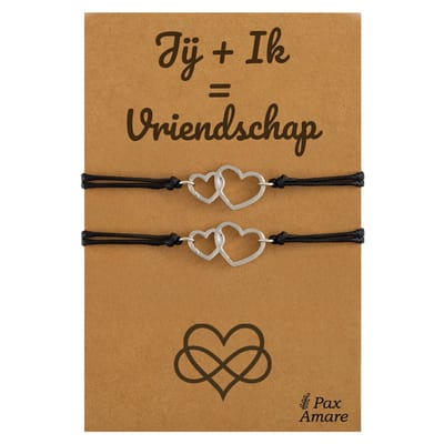 Vriendschapsarmbandjes voor 2 "Jij + Ik = Vriendschap" - Verbonden Hartjes Bedels - BFF Armbandjes met Persoonlijk Cadeau Kaartje - Zilverkleurig - Elastisch Verstelbaar - Pax Amare