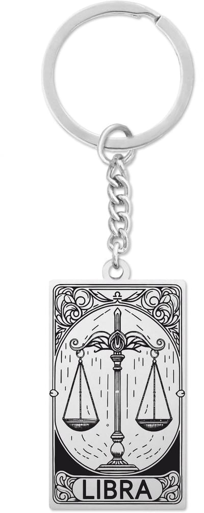 Sterrenbeeld Weegschaal (Libra) Sleutelhanger Zilverkleurig - Zodiac in de stijl van Rider-Waite Tarot - Roestvrij Staal / Stainless Steel - Pax Amare