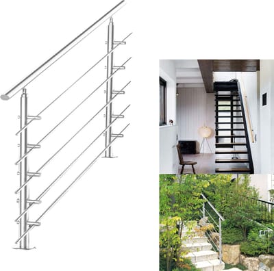 Trapleuning - Roestvrij Stalen - 160cm - 5 Dwarsbalken - leuning voor binnen en buiten - In Hoek Verstelbaar Trapleuningen - met Kogelring en 2 Palen - voor Trap Balkon Terras Borstwering - Ø 42 mm