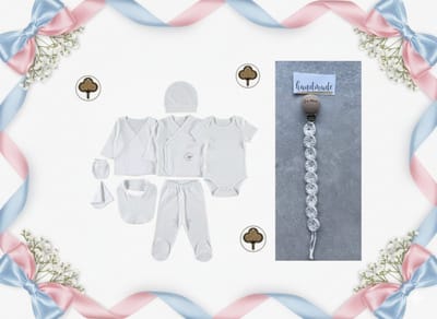 Organic 8-delige newborn kledingset met handgemaakte speenkoord - Jongens/meisjes - Baby - Newborn set - Babykleding - Babyshower cadeau - Kraamcadeau